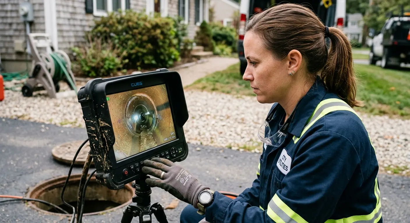 Technician reviewing sewer camera inspection footage in Cresaptown