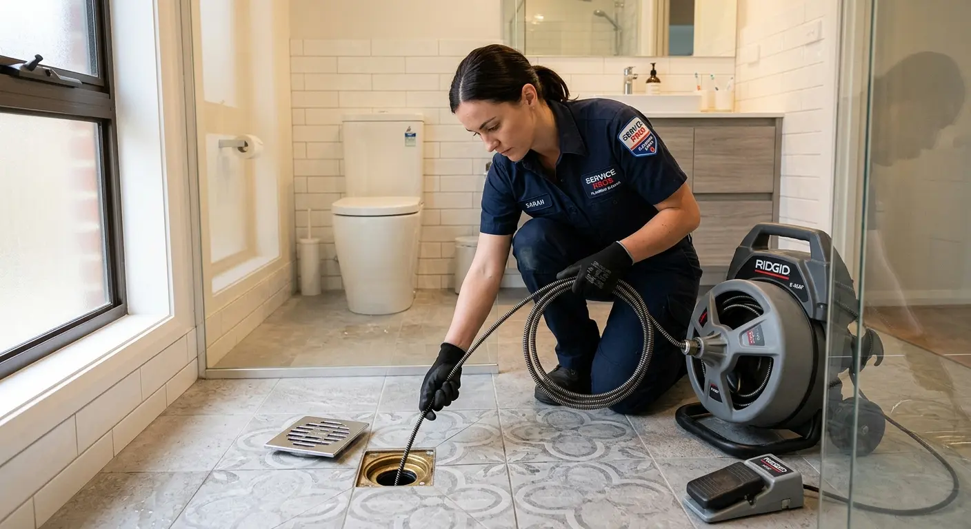 Technician clearing a bathroom floor drain for Drain Cleaning in Cresaptown